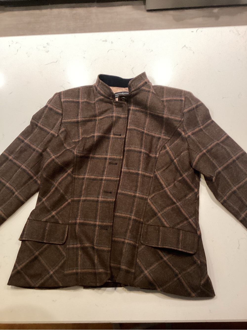 Peruvian Connection Brown Plaid Wool-Blend Stand Collar Jacket